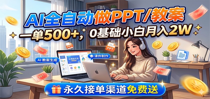 AI全自动做PPT/教案，一单500+，0基础小白月入2W，永久接单渠道免费送青祥项目库-闲云创业网-老谢轻创网-中创网-福缘网-冒泡网-资源之家-魔方项目库青祥项目库