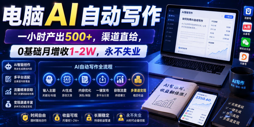 电脑AI自动写作，一小时产出500+，渠道直给，0基础月增收1-2W，永不失业【揭秘】青祥项目库-闲云创业网-老谢轻创网-中创网-福缘网-冒泡网-资源之家-魔方项目库青祥项目库