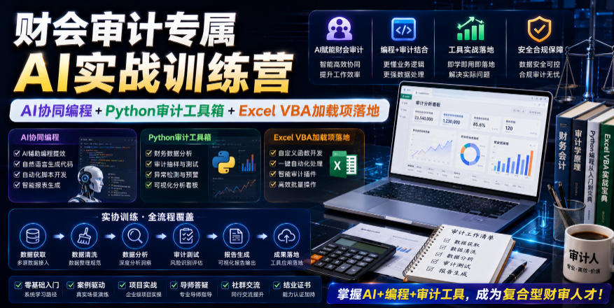 财会审计专属AI实战训练营｜AI协同编程+Python审计工具箱+Excel VBA加载项落地青祥项目库-闲云创业网-老谢轻创网-中创网-福缘网-冒泡网-资源之家-魔方项目库青祥项目库