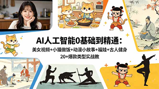 AI人工智能0基础到精通：美女视频+小猫做饭+动漫小故事+福娃+古人健身，20+爆款类型实战教学青祥项目库-闲云创业网-老谢轻创网-中创网-福缘网-冒泡网-资源之家-魔方项目库青祥项目库