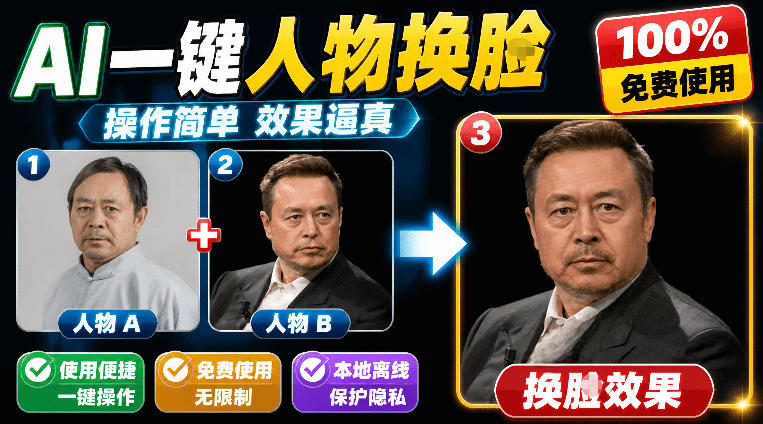 纯离线本地运行！AI一键人物lian部替换软件，支持图片换lian，效果逼真，最便捷换lian工具FaceSwap青祥项目库-闲云创业网-老谢轻创网-中创网-福缘网-冒泡网-资源之家-魔方项目库青祥项目库