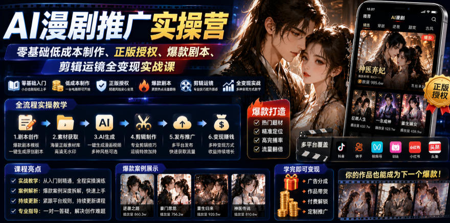 AI漫剧推广实操营｜零基础低成本制作、正版授权、爆款剧本、剪辑运镜全变现实战课青祥项目库-闲云创业网-老谢轻创网-中创网-福缘网-冒泡网-资源之家-魔方项目库青祥项目库