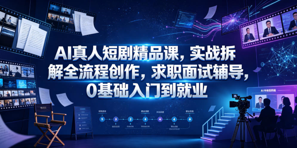 AI真人短剧精品课，实战拆解全流程创作，求职面试辅导，0基础入门到就业青祥项目库-闲云创业网-老谢轻创网-中创网-福缘网-冒泡网-资源之家-魔方项目库青祥项目库
