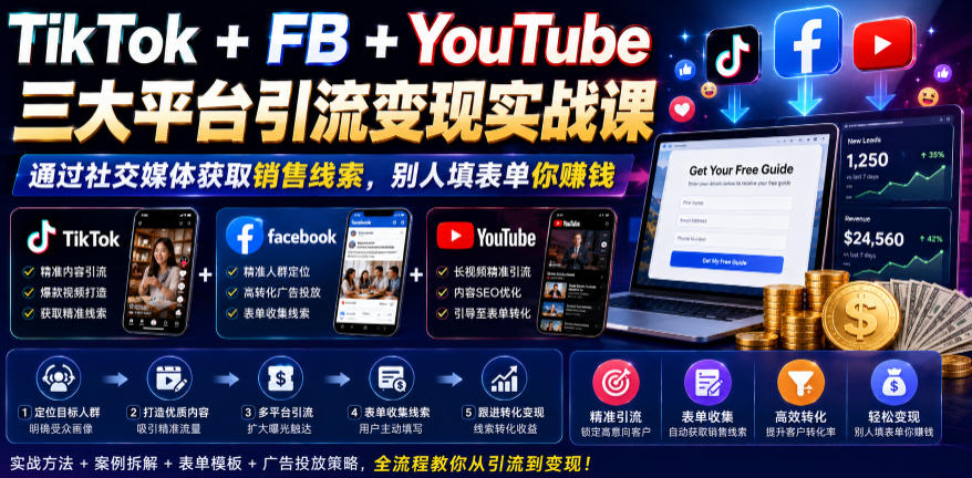 TikTok+FB+YouTube三大平台引流变现实战课，通过社交媒体获取销售线索，别人填表单你賺钱【原创双语字幕】青祥项目库-闲云创业网-老谢轻创网-中创网-福缘网-冒泡网-资源之家-魔方项目库青祥项目库