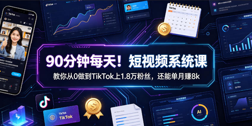 90分钟每天！短视频系统课教你从0做到TikTok上1.8万粉丝，还能单月賺8k【原创双语字幕】青祥项目库-闲云创业网-老谢轻创网-中创网-福缘网-冒泡网-资源之家-魔方项目库青祥项目库