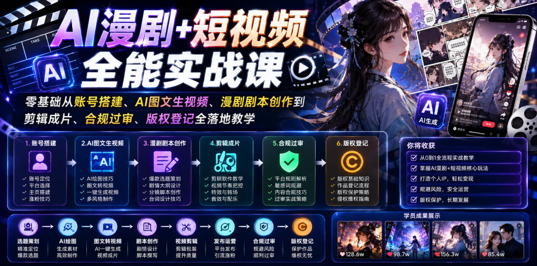 AI漫剧+短视频全能实战课｜零基础从账号搭建、AI图文生视频、漫剧剧本创作到剪辑成片、合规过审、版权登记全落地教学青祥项目库-闲云创业网-老谢轻创网-中创网-福缘网-冒泡网-资源之家-魔方项目库青祥项目库