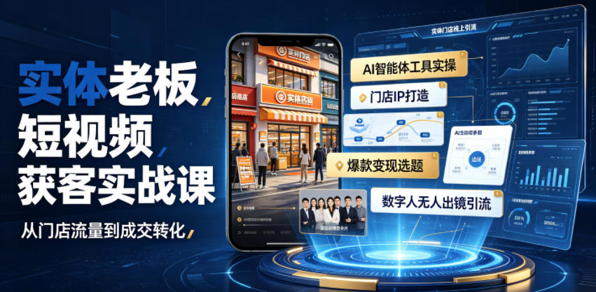 实体老板短视频获客实战课｜AI智能体工具全套实操、门店IP打造、爆款变现选题、数字人无人出镜引流完整教程青祥项目库-闲云创业网-老谢轻创网-中创网-福缘网-冒泡网-资源之家-魔方项目库青祥项目库