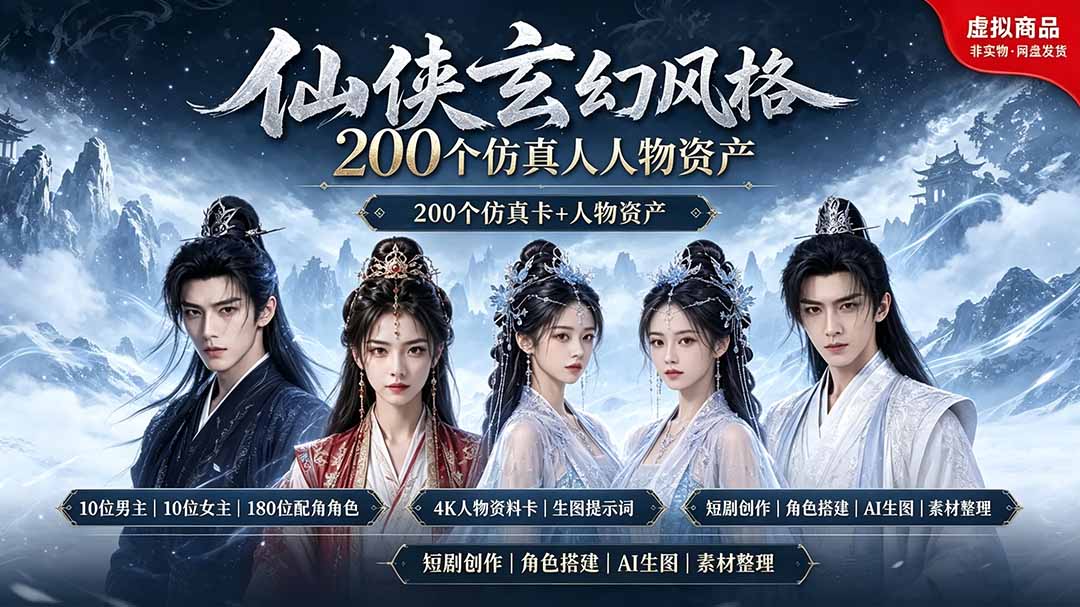 200个仙侠玄幻仿真人素材◆10男主×10女主×180配角,4K资料卡+AI生图提示词,漫剧必备青祥项目库-闲云创业网-老谢轻创网-中创网-福缘网-冒泡网-资源之家-魔方项目库青祥项目库