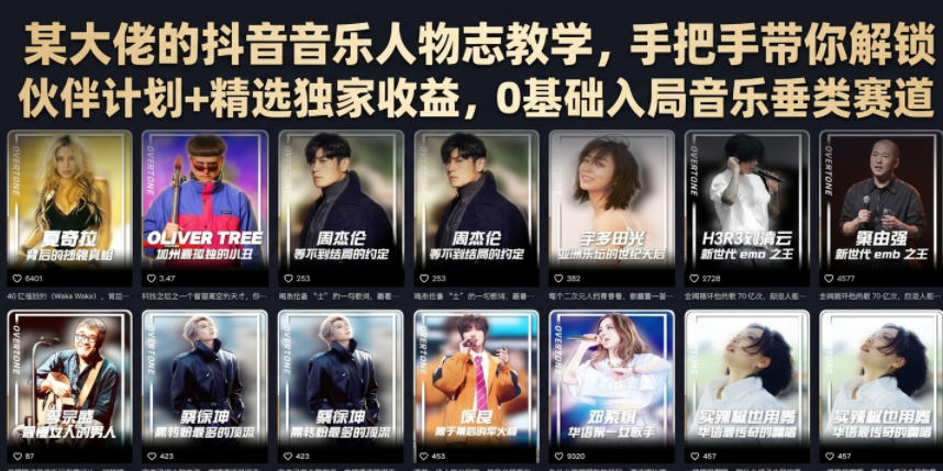 某大佬的抖音音乐人物志教学，手把手带你解锁伙伴计划+精选独家收益，0基础入局音乐垂类赛道青祥项目库-闲云创业网-老谢轻创网-中创网-福缘网-冒泡网-资源之家-魔方项目库青祥项目库