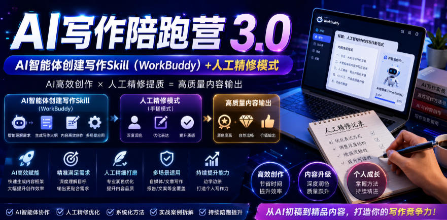 AI写作陪跑营3.0，Ai智能体创建写作skill(workbuddy)+人工手写模式(手搓模式)，去除AI痕迹(头条号、公众号、百家号)青祥项目库-闲云创业网-老谢轻创网-中创网-福缘网-冒泡网-资源之家-魔方项目库青祥项目库