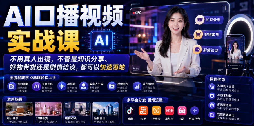 AI口播视频实战课，不用真人出镜，不管是知识分享、好物带货还是剧情访谈，都可以快速落地青祥项目库-闲云创业网-老谢轻创网-中创网-福缘网-冒泡网-资源之家-魔方项目库青祥项目库