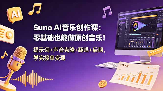 Suno AI音乐创作课：零基础也能做原创音乐！提示词+声音克隆+翻唱+后期，学完接单变现青祥项目库-闲云创业网-老谢轻创网-中创网-福缘网-冒泡网-资源之家-魔方项目库青祥项目库