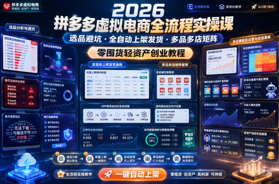 2026拼多多虚拟电商全流程实操课，选品避坑・全自动上架发货・多品多店矩阵，零囤货轻资产创业教程青祥项目库-闲云创业网-老谢轻创网-中创网-福缘网-冒泡网-资源之家-魔方项目库青祥项目库