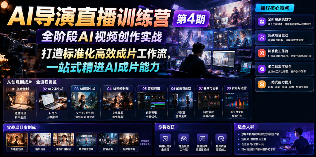 AI导演直播训练营第4期｜全阶段AI视频创作实战，打造标准化高效成片工作流，一站式精进AI成片能力青祥项目库-闲云创业网-老谢轻创网-中创网-福缘网-冒泡网-资源之家-魔方项目库青祥项目库