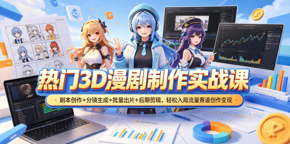 热门3D漫剧制作实战课，剧本创作+分镜生成+批量出片+后期剪辑，轻松入局流量赛道创作变现青祥项目库-闲云创业网-老谢轻创网-中创网-福缘网-冒泡网-资源之家-魔方项目库青祥项目库