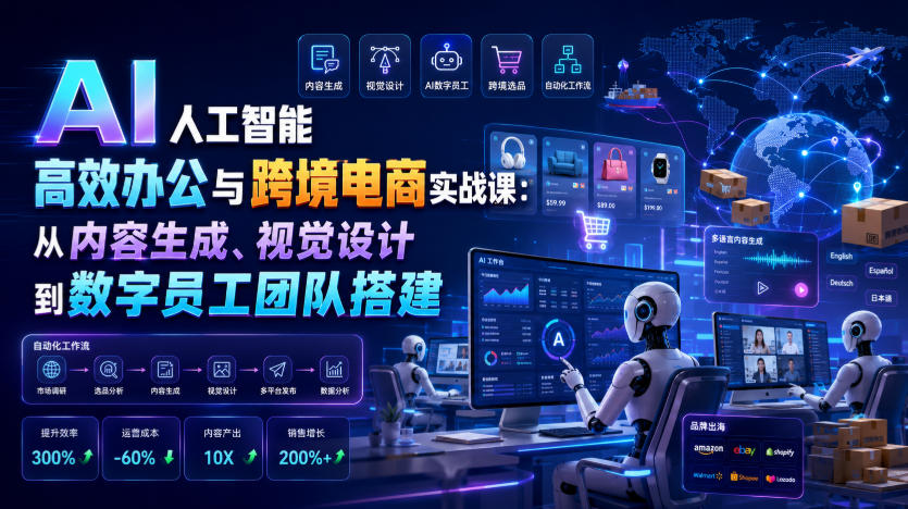 AI人工智能高效办公与跨境电商实战课：从内容生成、视觉设计到数字员工团队搭建青祥项目库-闲云创业网-老谢轻创网-中创网-福缘网-冒泡网-资源之家-魔方项目库青祥项目库