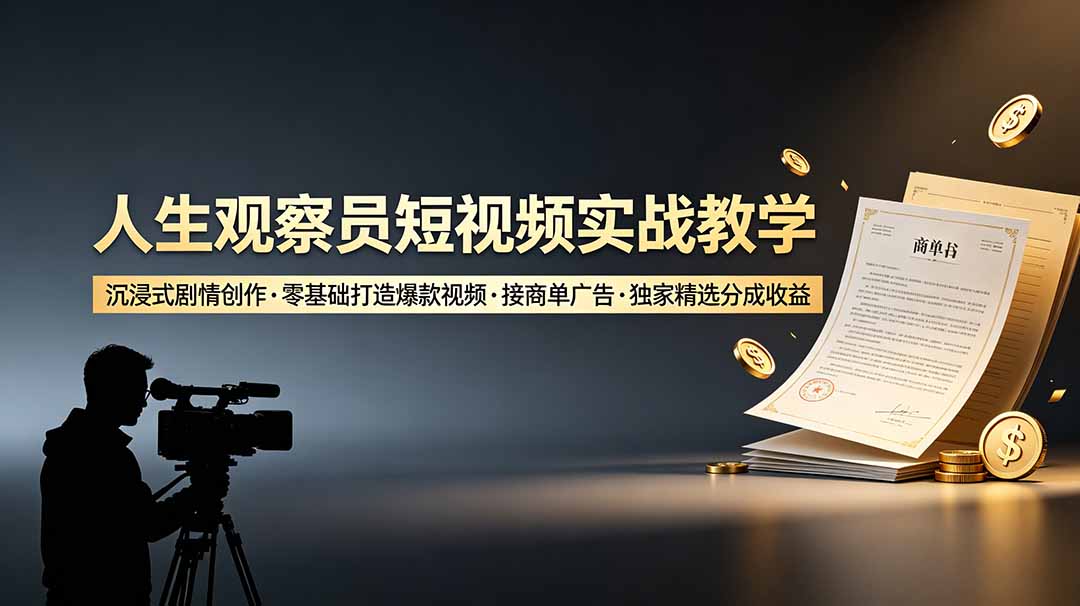 人生观察员短视频实战教学，沉浸式剧情创作，零基础打造爆款视频，接商单广告，独家精选分成收益青祥项目库-闲云创业网-老谢轻创网-中创网-福缘网-冒泡网-资源之家-魔方项目库青祥项目库