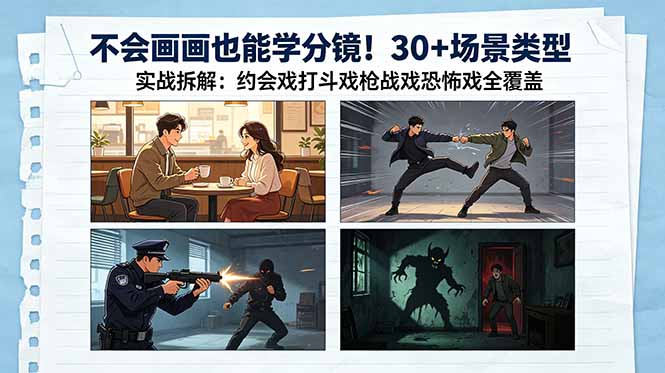 不会画画也能学分镜！30+场景类型实战拆解：约会戏打斗戏枪战戏恐怖戏全覆盖青祥项目库-闲云创业网-老谢轻创网-中创网-福缘网-冒泡网-资源之家-魔方项目库青祥项目库