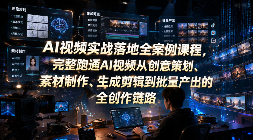AI视频实战落地全案例课程，完整跑通AI视频从创意策划、素材制作、生成剪辑到批量产出的全创作链路青祥项目库-闲云创业网-老谢轻创网-中创网-福缘网-冒泡网-资源之家-魔方项目库青祥项目库