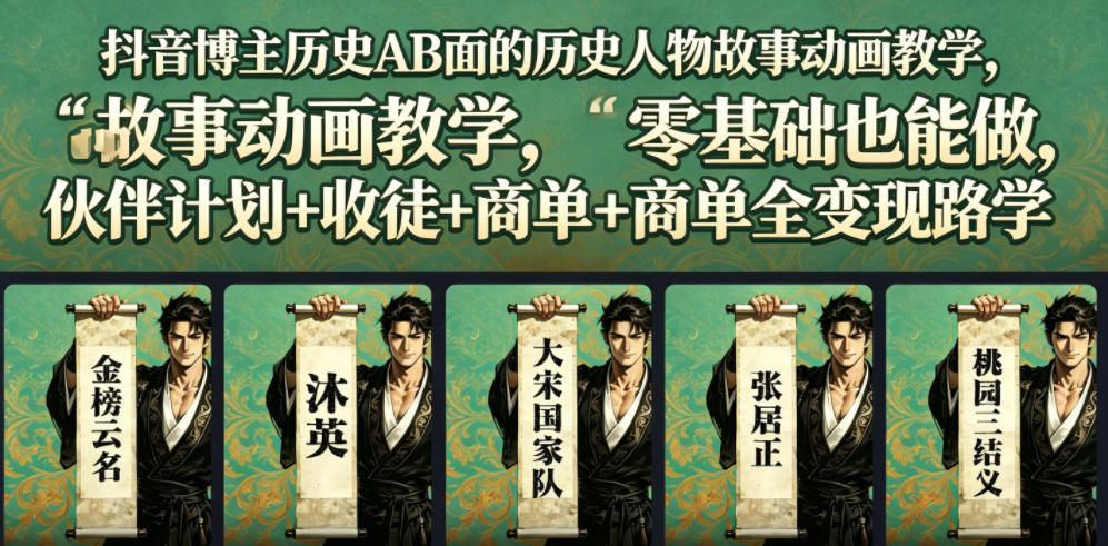 抖音博主历史AB面的历史人物故事动画教学，零基础也能做，伙伴计划+收徒+商单全变现路径教学青祥项目库-闲云创业网-老谢轻创网-中创网-福缘网-冒泡网-资源之家-魔方项目库青祥项目库