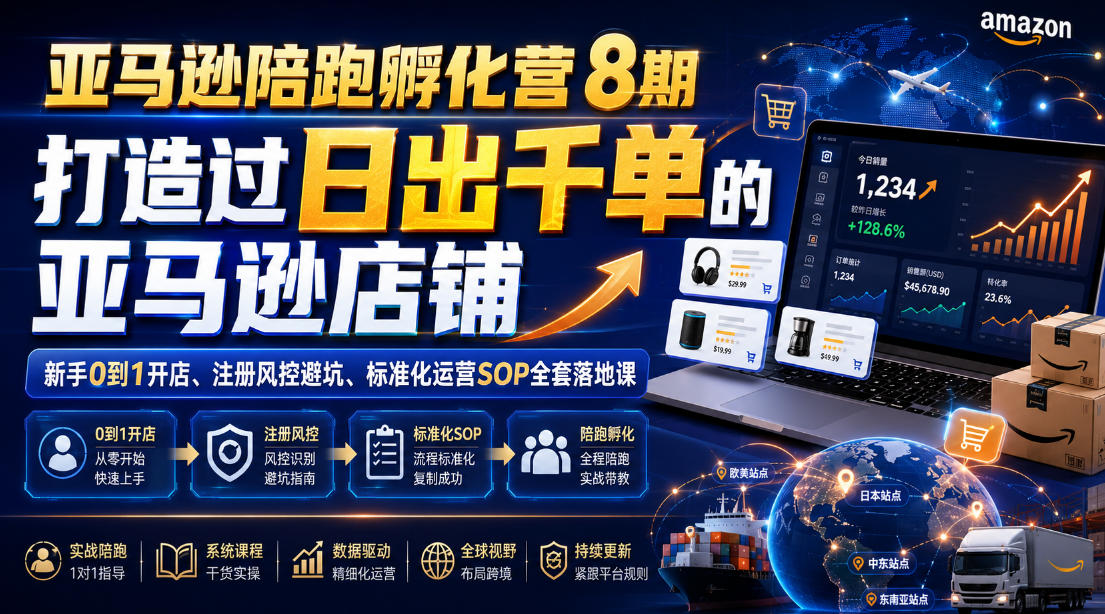亚马逊陪跑孵化营8期，打造过日出千单的亚马逊店铺，新手0到1开店、注册风控避坑、标准化运营SOP全套落地课青祥项目库-闲云创业网-老谢轻创网-中创网-福缘网-冒泡网-资源之家-魔方项目库青祥项目库