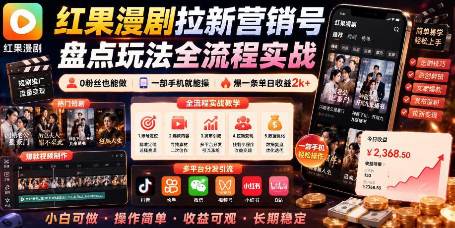 红果漫剧拉新营销号盘点玩法全流程实战，0粉丝也能做，一部手机就能做，爆一条单日收益2k+(更新0628)青祥项目库-闲云创业网-老谢轻创网-中创网-福缘网-冒泡网-资源之家-魔方项目库青祥项目库