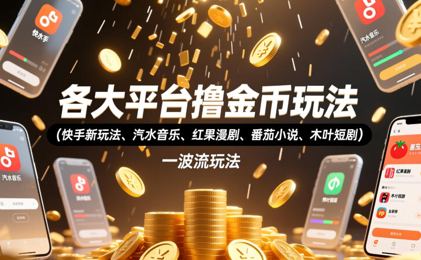 各大平台撸金币玩法(快手新玩法、汽水音乐、红果漫剧、番茄小说、木叶短剧)，一波流玩法(收费398元的教程)青祥项目库-闲云创业网-老谢轻创网-中创网-福缘网-冒泡网-资源之家-魔方项目库青祥项目库
