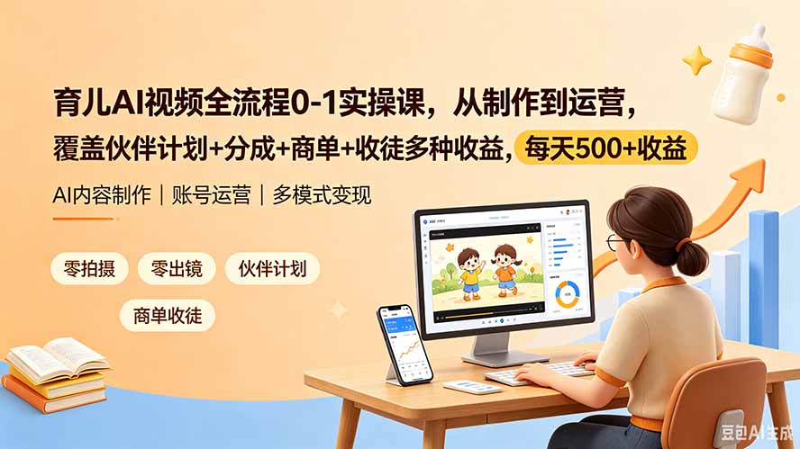 育儿AI视频全流程0-1实操课，从制作到运营，覆盖伙伴计划+分成+商单+收徒多种收益，每天500+收益青祥项目库-闲云创业网-老谢轻创网-中创网-福缘网-冒泡网-资源之家-魔方项目库青祥项目库
