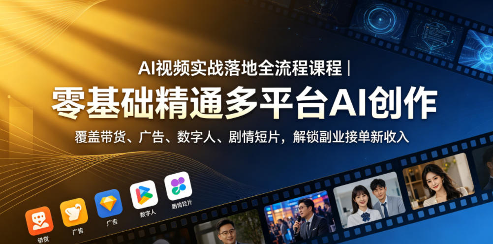 AI视频实战落地全流程课程｜零基础精通多平台AI创作，覆盖带货、广告、数字人、剧情短片，解锁副业接单新收入青祥项目库-闲云创业网-老谢轻创网-中创网-福缘网-冒泡网-资源之家-魔方项目库青祥项目库