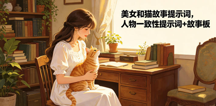 美女和猫故事提示词，人物一致性提示词+故事板青祥项目库-闲云创业网-老谢轻创网-中创网-福缘网-冒泡网-资源之家-魔方项目库青祥项目库