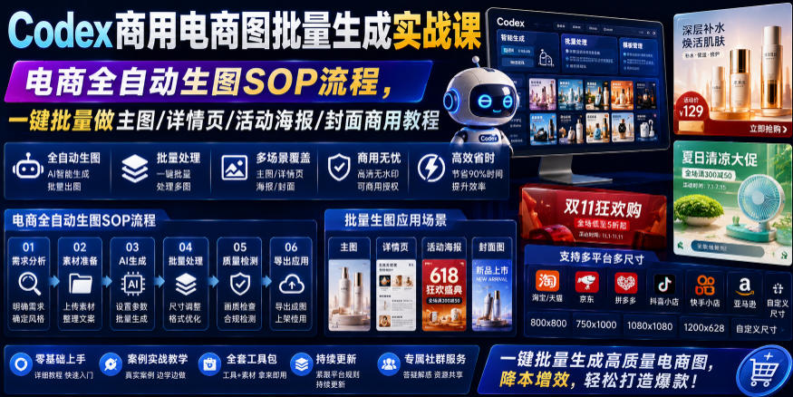 Codex商用电商图批量生成实战课｜电商全自动生图SOP流程，一键批量做主图/详情页/活动海报/封面商用教程青祥项目库-闲云创业网-老谢轻创网-中创网-福缘网-冒泡网-资源之家-魔方项目库青祥项目库