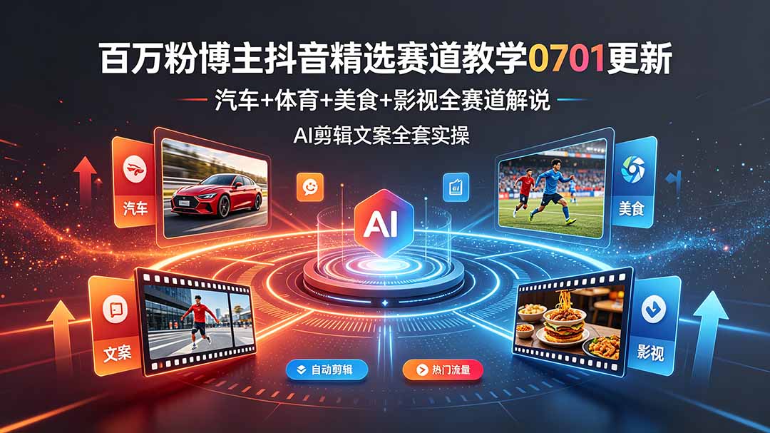 百万粉博主抖音精选赛道教学-0701更新，汽车+体育+美食+影视全赛道解说，AI剪辑文案全套实操青祥项目库-闲云创业网-老谢轻创网-中创网-福缘网-冒泡网-资源之家-魔方项目库青祥项目库
