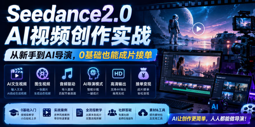 Seedance2.0 AI视频创作实战，从新手到AI导演，0基础也能成片接单变现青祥项目库-闲云创业网-老谢轻创网-中创网-福缘网-冒泡网-资源之家-魔方项目库青祥项目库