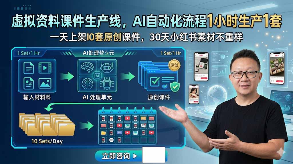 虚拟资料课件生产线，AI自动化流程1小时生产1套，一天上架10套原创课件，30天小红书素材不重样青祥项目库-闲云创业网-老谢轻创网-中创网-福缘网-冒泡网-资源之家-魔方项目库青祥项目库