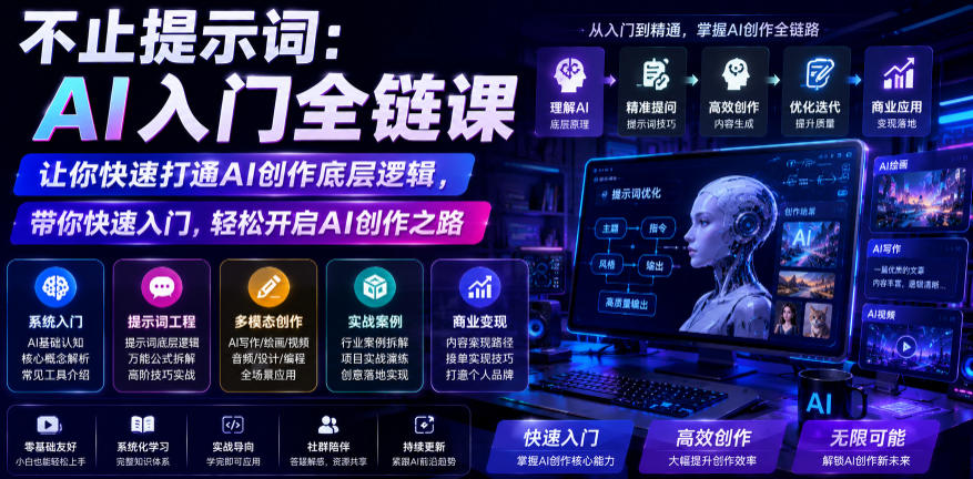 不止提示词：AI入门全链课，让你快速打通AI创作底层逻辑，带你快速入门，轻松开启AI创作之路青祥项目库-闲云创业网-老谢轻创网-中创网-福缘网-冒泡网-资源之家-魔方项目库青祥项目库
