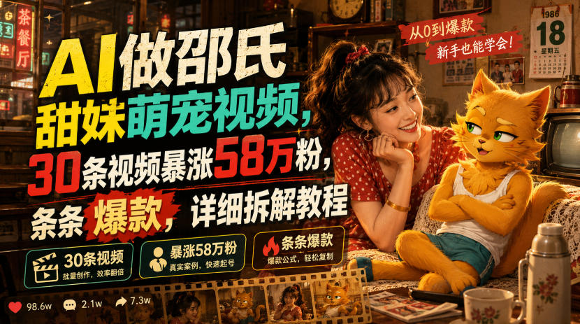 AI做邵氏甜妹萌宠视频，30条视频暴涨58万粉，条条爆款，详细拆解教程青祥项目库-闲云创业网-老谢轻创网-中创网-福缘网-冒泡网-资源之家-魔方项目库青祥项目库
