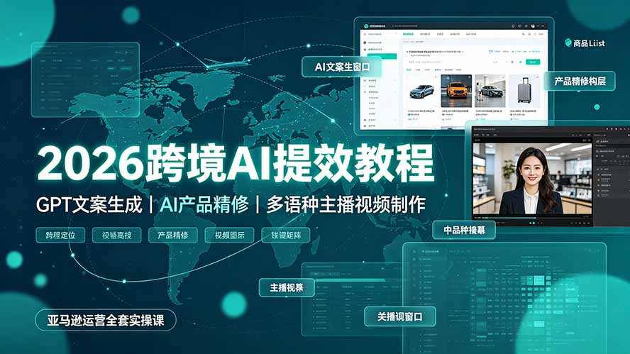 2026跨境AI提效教程·GPT文案生成｜AI产品精修｜多语种主播视频制作，亚马逊运营全套实操课青祥项目库-闲云创业网-老谢轻创网-中创网-福缘网-冒泡网-资源之家-魔方项目库青祥项目库