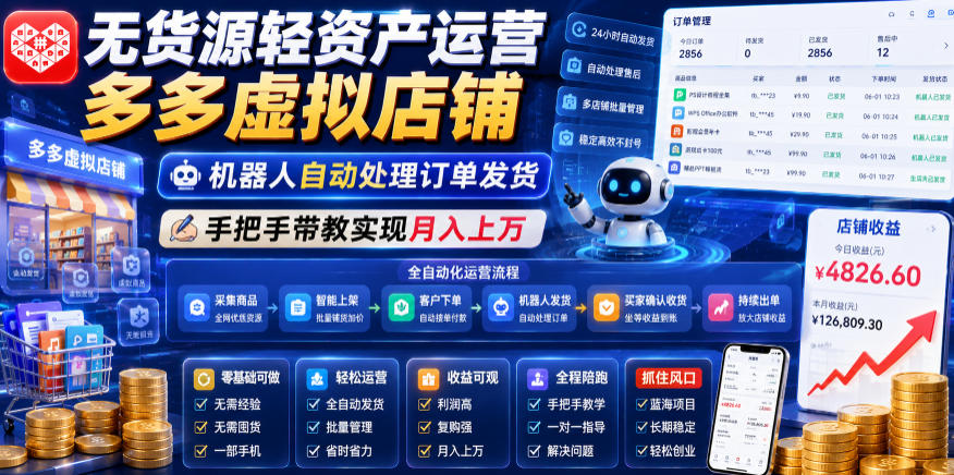 无货源轻资产运营多多虚拟店铺，机器人自动处理订单发货，手把手带教实现月入上万【揭秘】青祥项目库-闲云创业网-老谢轻创网-中创网-福缘网-冒泡网-资源之家-魔方项目库青祥项目库