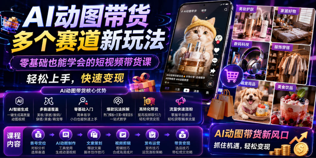 AI动图带货多个赛道新玩法，零基础也能学会的短视频带货课，轻松上手，快速变现青祥项目库-闲云创业网-老谢轻创网-中创网-福缘网-冒泡网-资源之家-魔方项目库青祥项目库