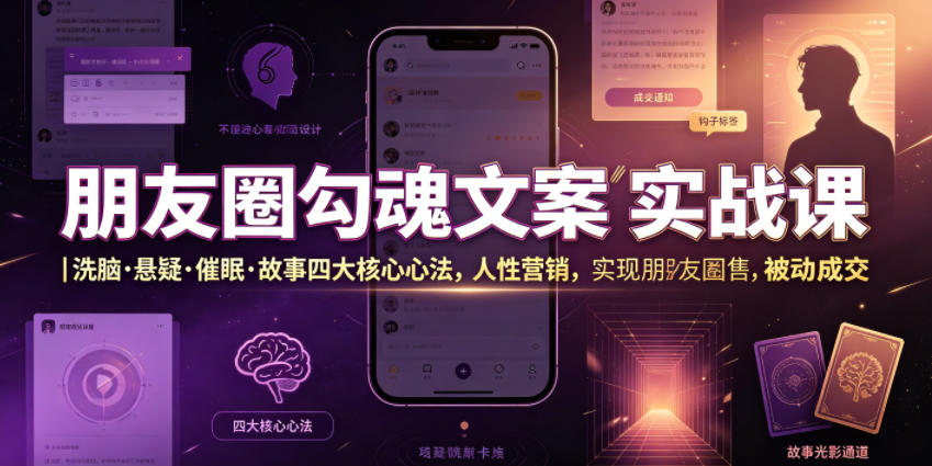朋友圈勾魂文案实战课｜洗脑·悬疑·催眠·故事四大核心心法，吃透人性营销，实现朋友圈不销而售被动成交青祥项目库-闲云创业网-老谢轻创网-中创网-福缘网-冒泡网-资源之家-魔方项目库青祥项目库