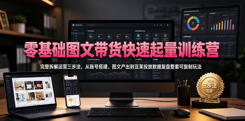 零基础图文带货快速起量训练营，完整拆解运营三步法，从账号搭建、图文产出到豆荚投放数据复盘整套可复制玩法青祥项目库-闲云创业网-老谢轻创网-中创网-福缘网-冒泡网-资源之家-魔方项目库青祥项目库