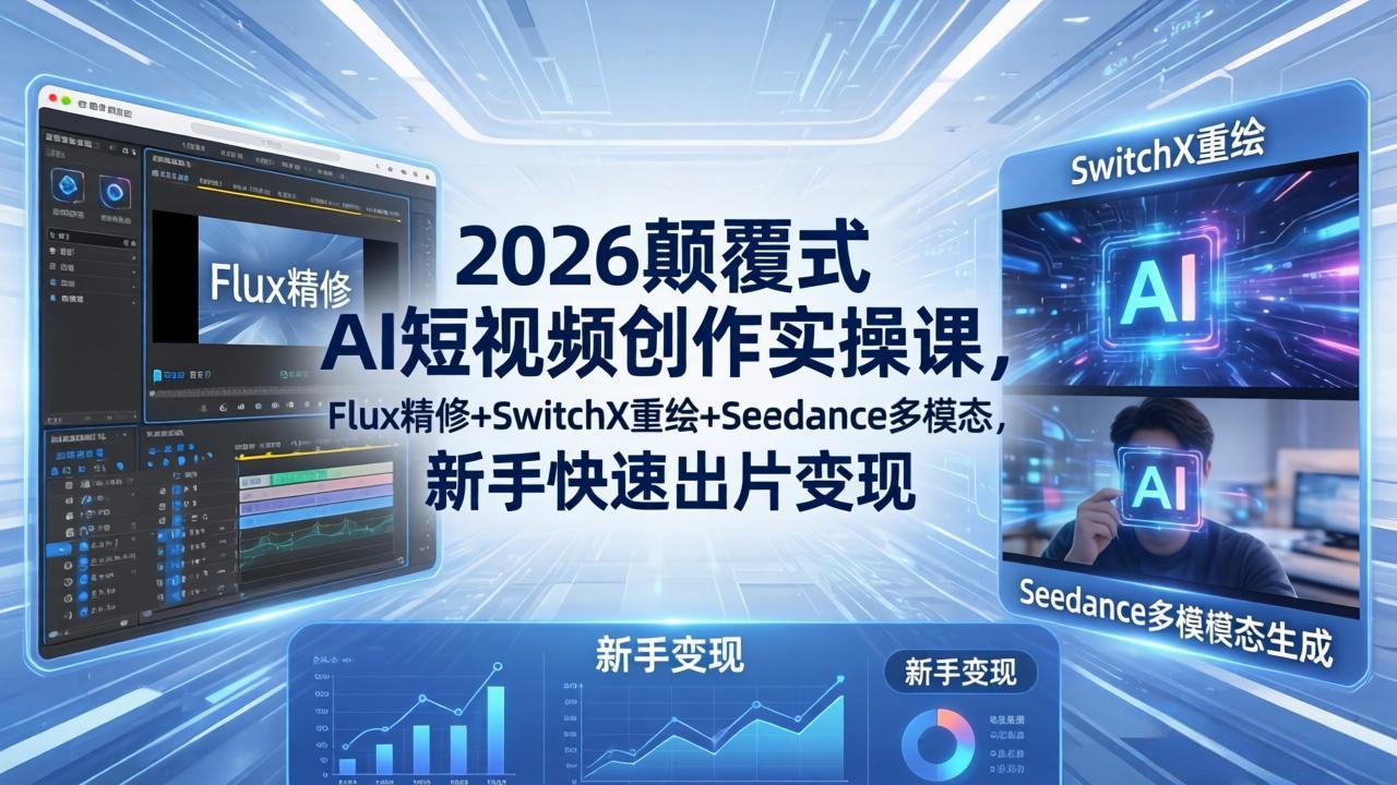 2026颠覆式 AI短视频创作课-5月更新，Flux精修+SwitchX重绘+Seedance多模态，新手快速出片变现青祥项目库-闲云创业网-老谢轻创网-中创网-福缘网-冒泡网-资源之家-魔方项目库青祥项目库