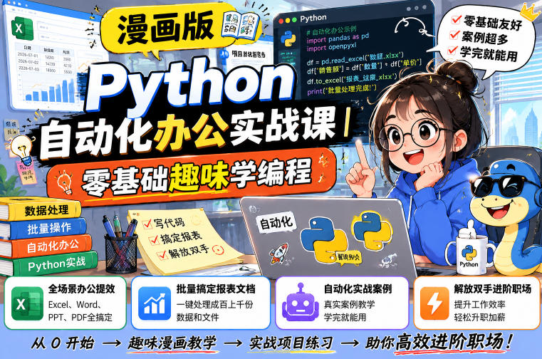 漫画版Python自动化办公实战课｜零基础趣味学编程，全场景办公提效、批量搞定报表文档、解放双手进阶职场青祥项目库-闲云创业网-老谢轻创网-中创网-福缘网-冒泡网-资源之家-魔方项目库青祥项目库