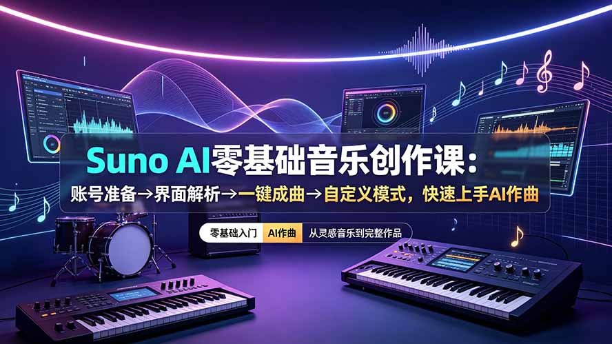 Suno AI零基础音乐创作课：账号准备→界面解析→一键成曲→自定义模式，快速上手AI作曲青祥项目库-闲云创业网-老谢轻创网-中创网-福缘网-冒泡网-资源之家-魔方项目库青祥项目库