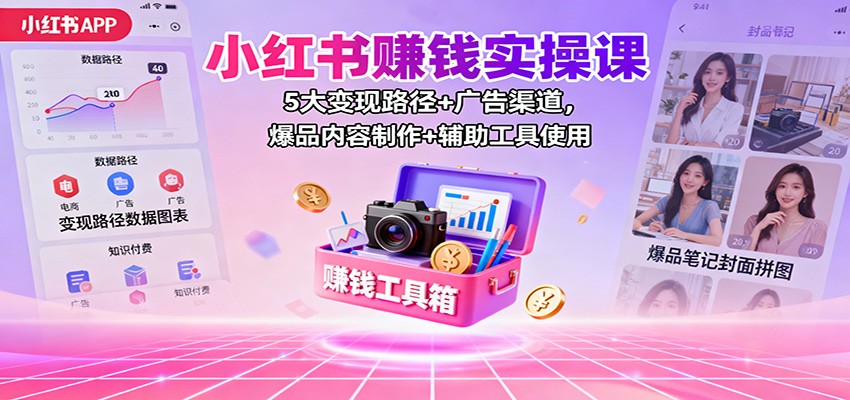 小红书赚钱实操课:5大变现路径+广告渠道,爆品内容制作+辅助工具使用青祥项目库-闲云创业网-老谢轻创网-中创网-福缘网-冒泡网-资源之家-魔方项目库青祥项目库