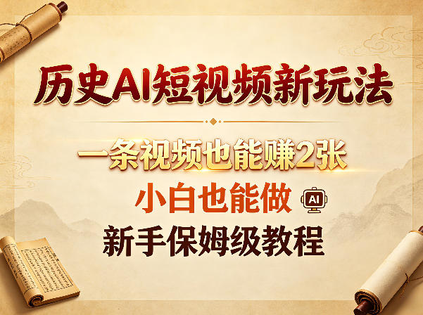 历史AI短视频新玩法，一条视频也能賺2张，小白也能做，新手保姆级教程青祥项目库-闲云创业网-老谢轻创网-中创网-福缘网-冒泡网-资源之家-魔方项目库青祥项目库