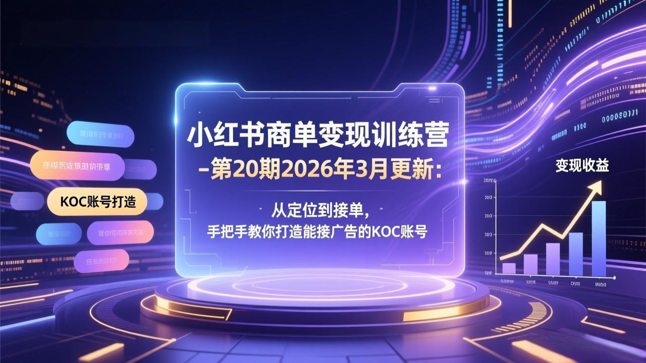小红书商单变现训练营-第20期26年3月更新：从定位到接单，手把手教你打造能接广告的KOC账号青祥项目库-闲云创业网-老谢轻创网-中创网-福缘网-冒泡网-资源之家-魔方项目库青祥项目库