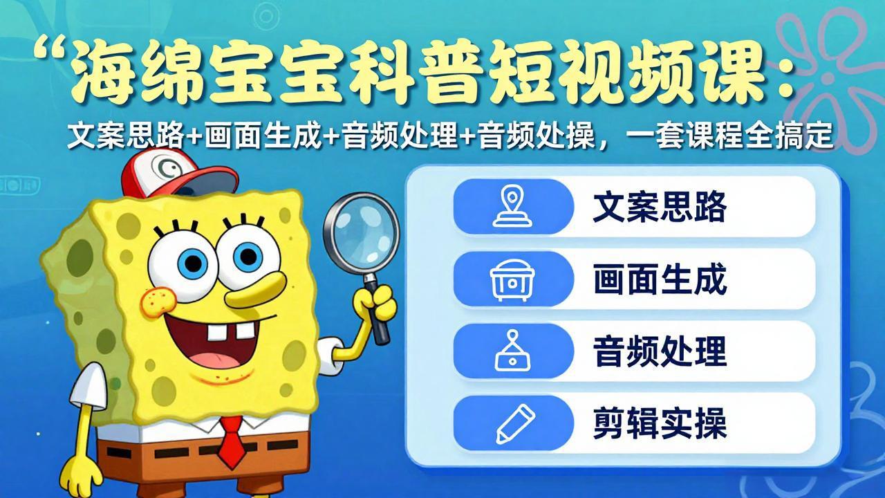 海绵宝宝科普短视频课：文案思路+画面生成+音频处理+剪辑实操，一套课程全搞定青祥项目库-闲云创业网-老谢轻创网-中创网-福缘网-冒泡网-资源之家-魔方项目库青祥项目库