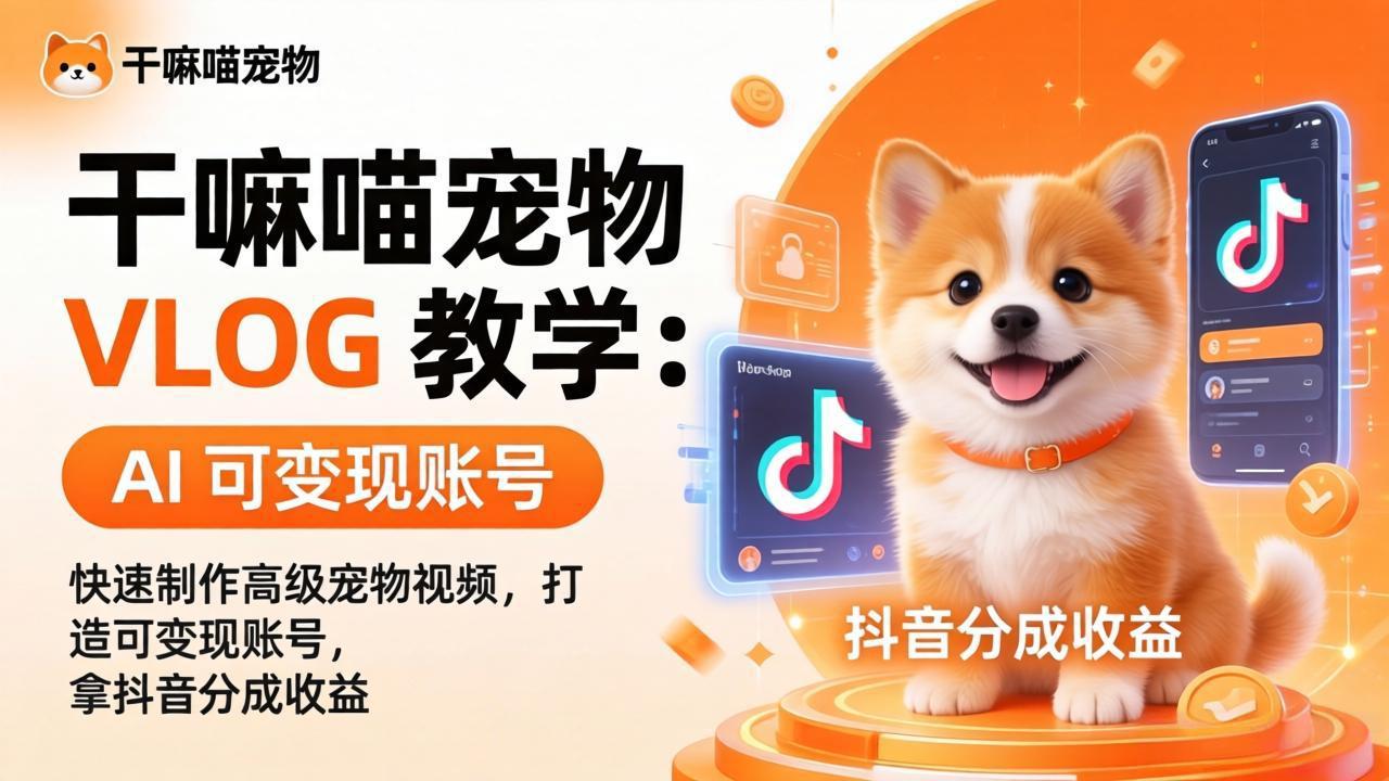 干嘛喵宠物 VLOG 教学：AI 快速制作高级宠物视频，打造可变现账号，拿抖音分成收益青祥项目库-闲云创业网-老谢轻创网-中创网-福缘网-冒泡网-资源之家-魔方项目库青祥项目库