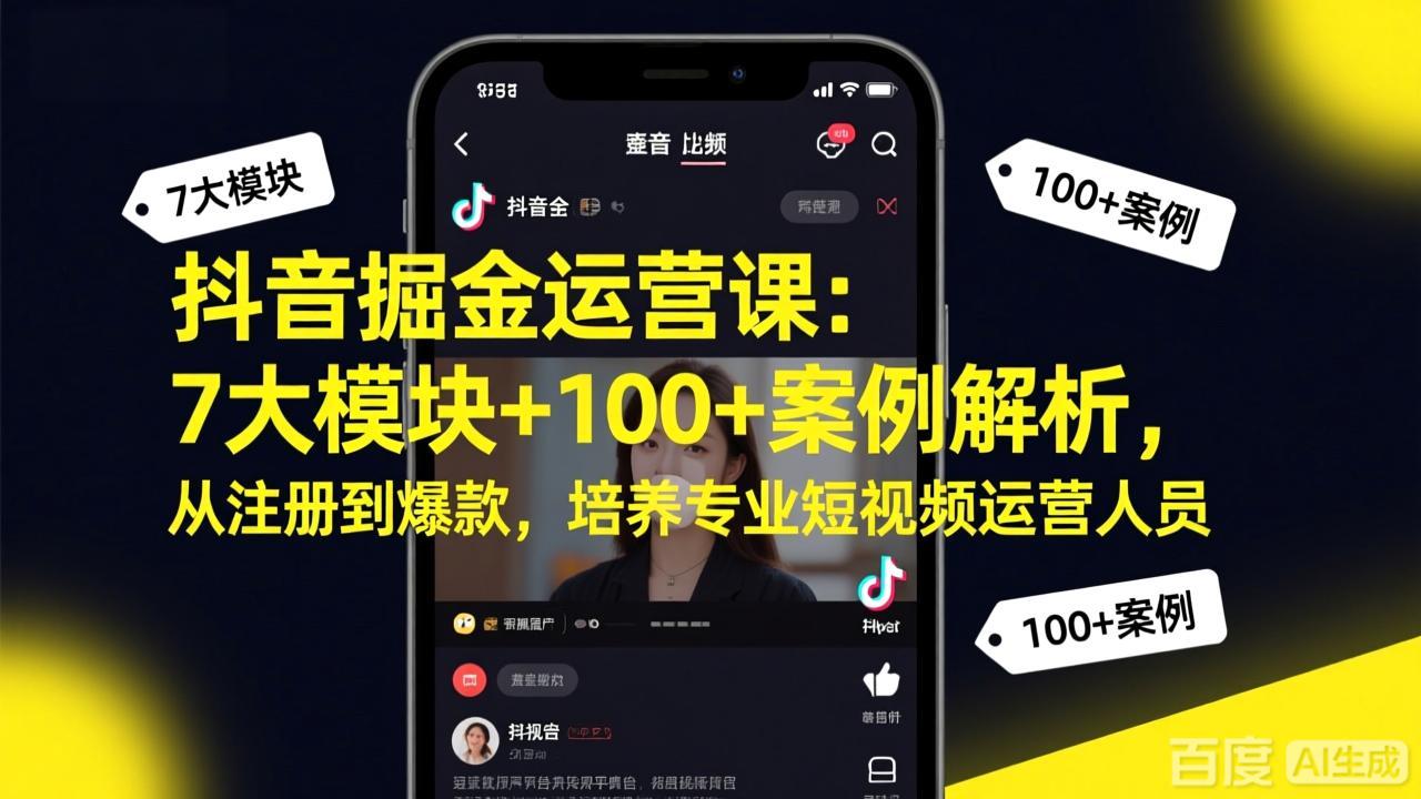抖音掘金运营课：7大模块+100+案例解析，从注册到爆款，培养专业短视频运营人员青祥项目库-闲云创业网-老谢轻创网-中创网-福缘网-冒泡网-资源之家-魔方项目库青祥项目库